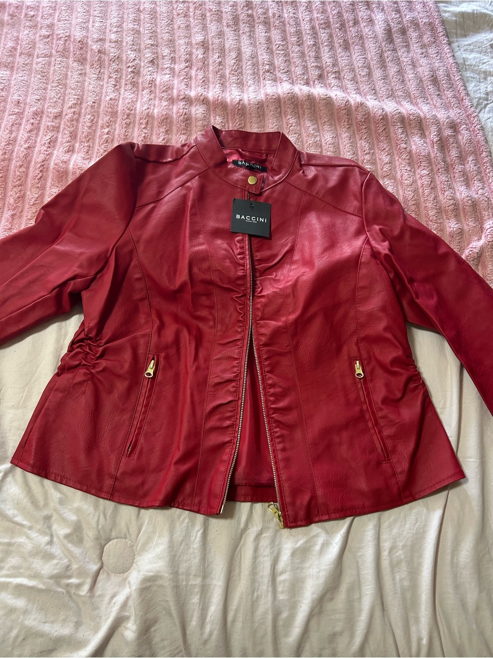 Baccini Red Faux Leather Zip-Front Jacket with Gold Hardware